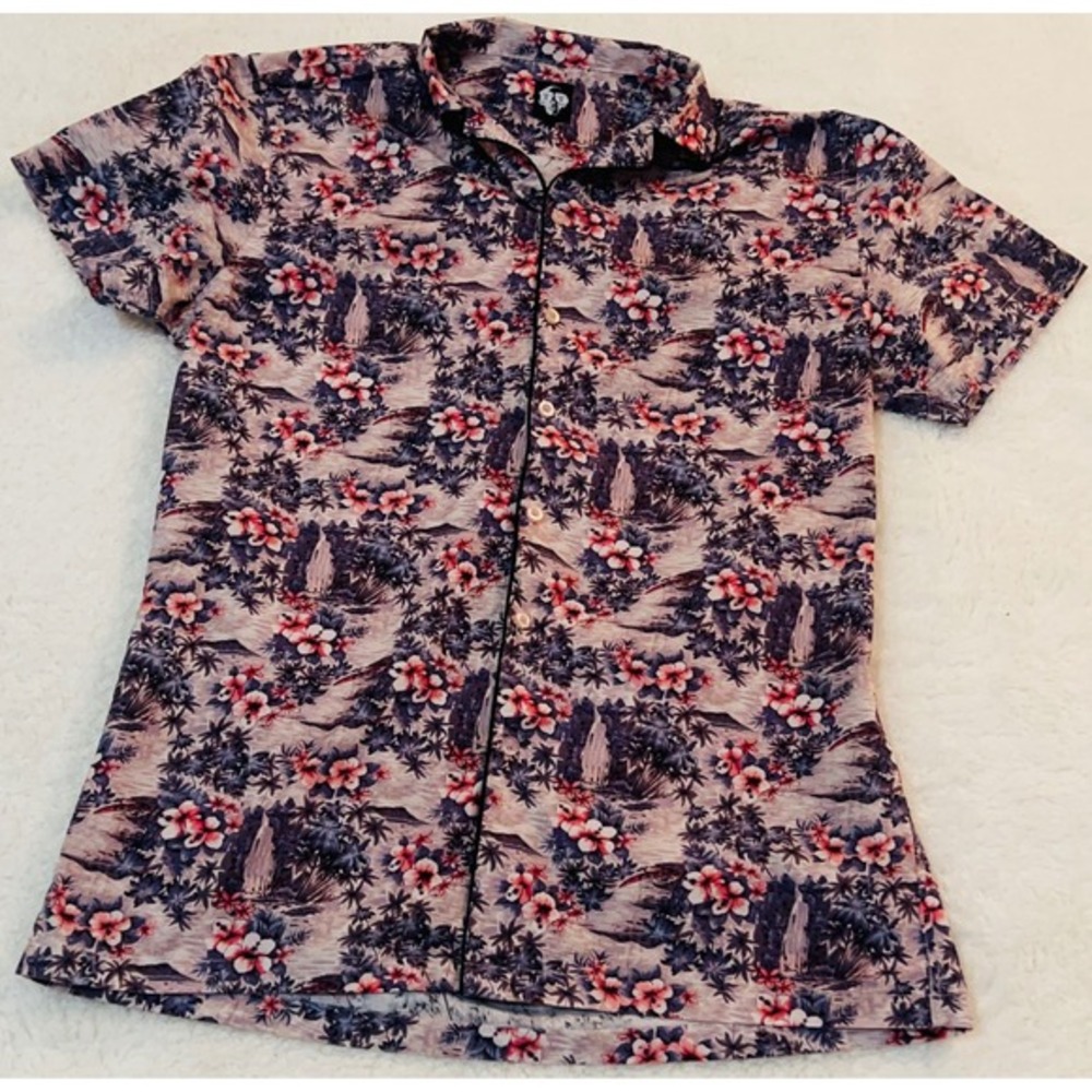 Twisted Tailor Mens Large Tropical Waterfall Hibiscus Cotton Button Down Shirt